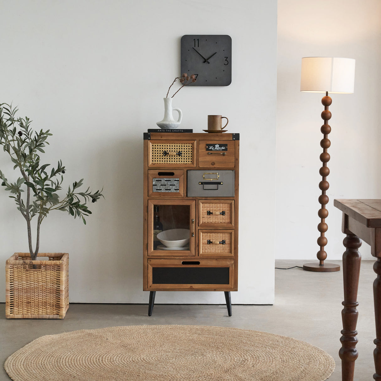 41" Tall Vintage Wood Rattan Accent Cabinet with Multiple Drawers