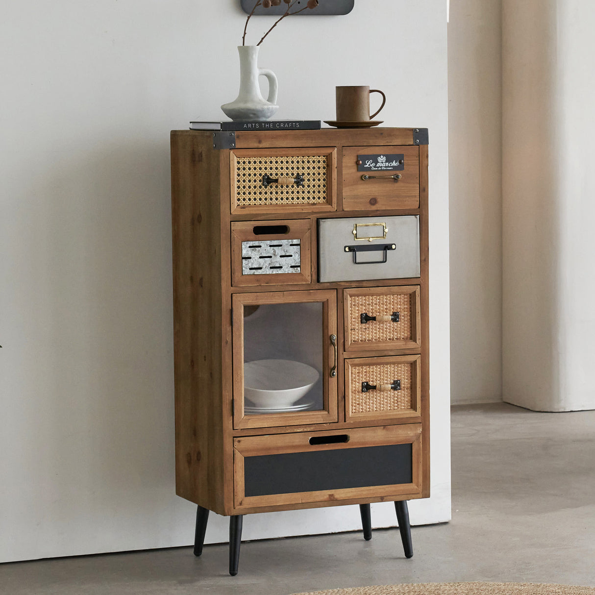 41" Tall Vintage Wood Rattan Accent Cabinet with Multiple Drawers