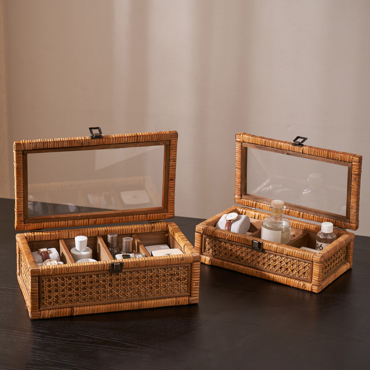 Rattan Organizer Box with Glass Cover