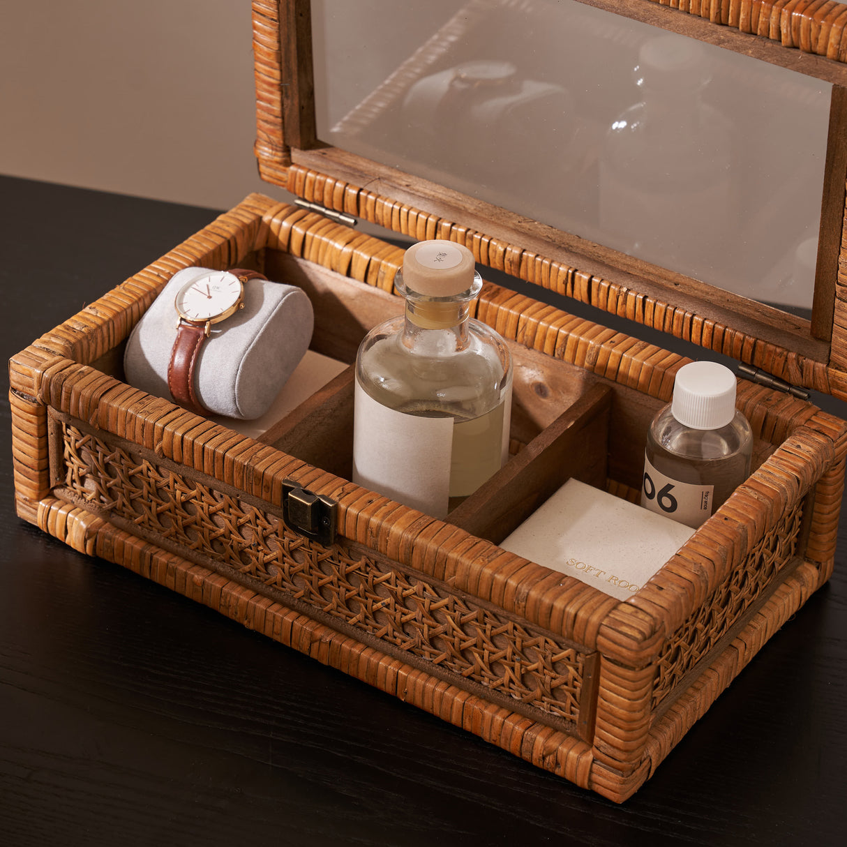 Rattan Organizer Box with Glass Cover