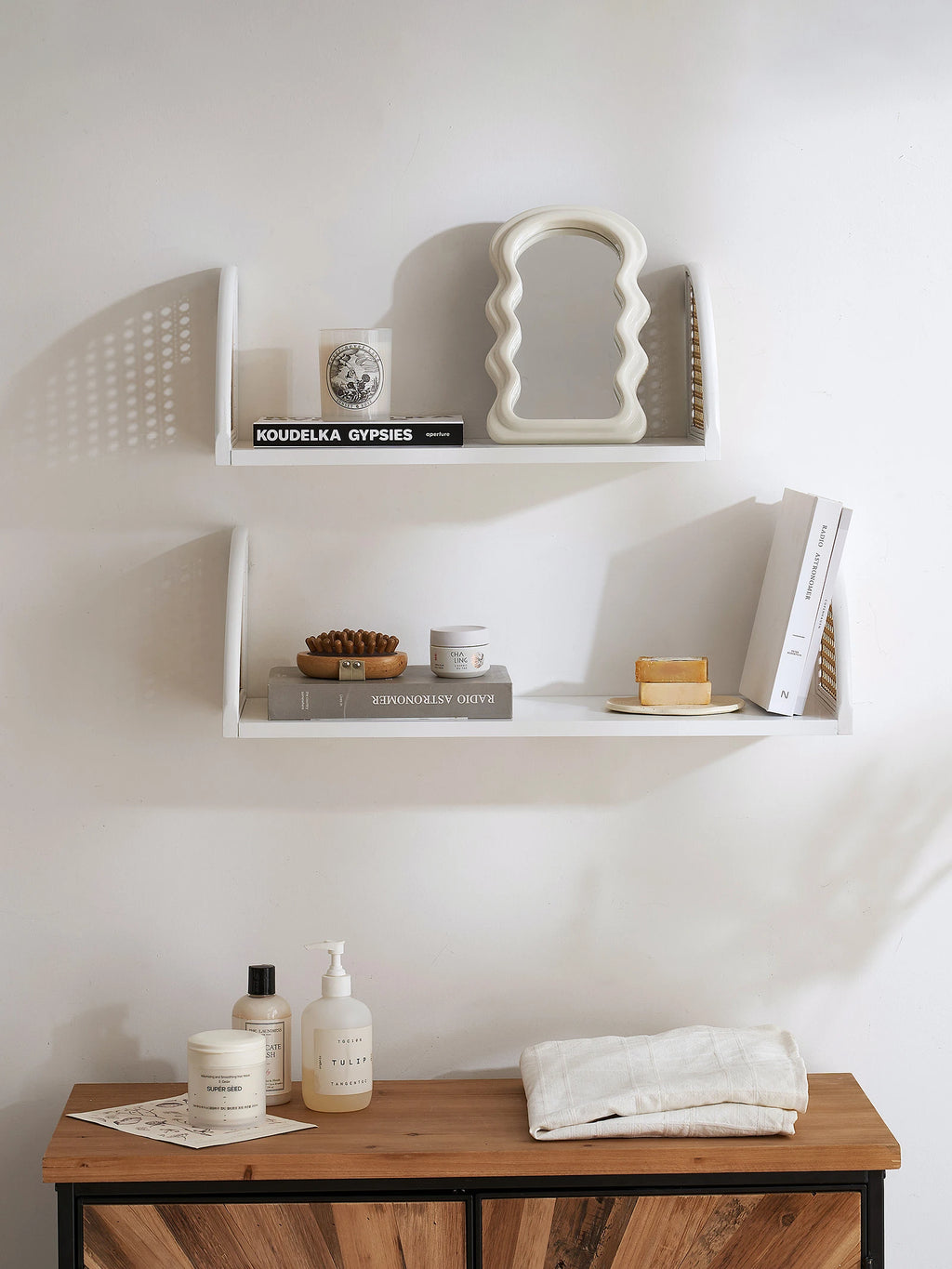 Rattan and Wood Wall Shelf
