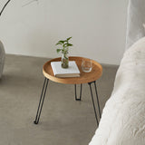 Round Wood and Rattan Side Table