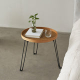 Round Wood and Rattan Side Table