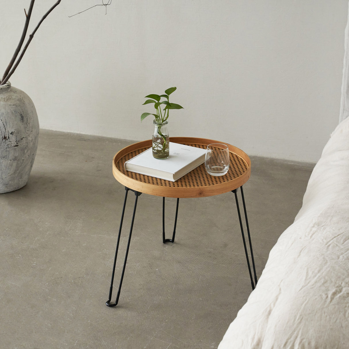 Round Wood and Rattan Side Table