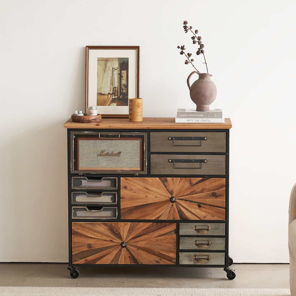 34" * 33" Multi-Drawers Vintage Cabinet with Wheels