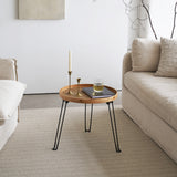 Round Wood and Rattan Side Table