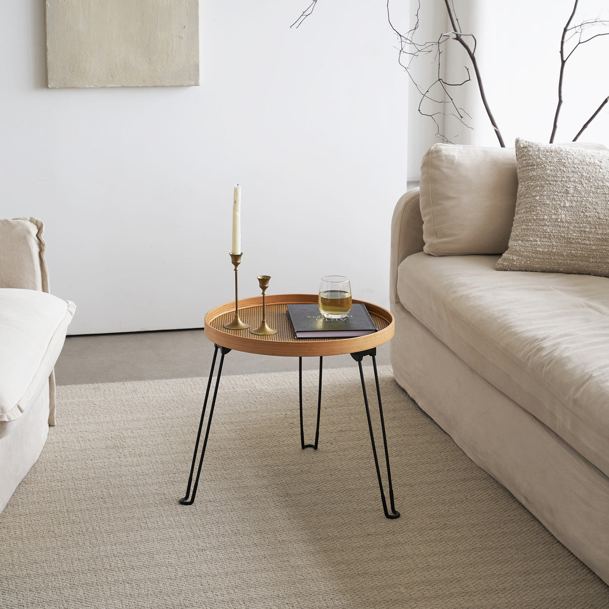 Round Wood and Rattan Side Table