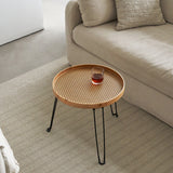 Round Wood and Rattan Side Table