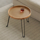 Round Wood and Rattan Side Table