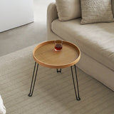 Round Wood and Rattan Side Table