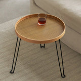 Round Wood and Rattan Side Table