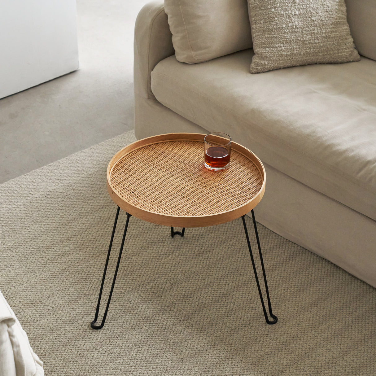 Round Wood and Rattan Side Table