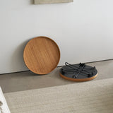 Round Wood and Rattan Side Table