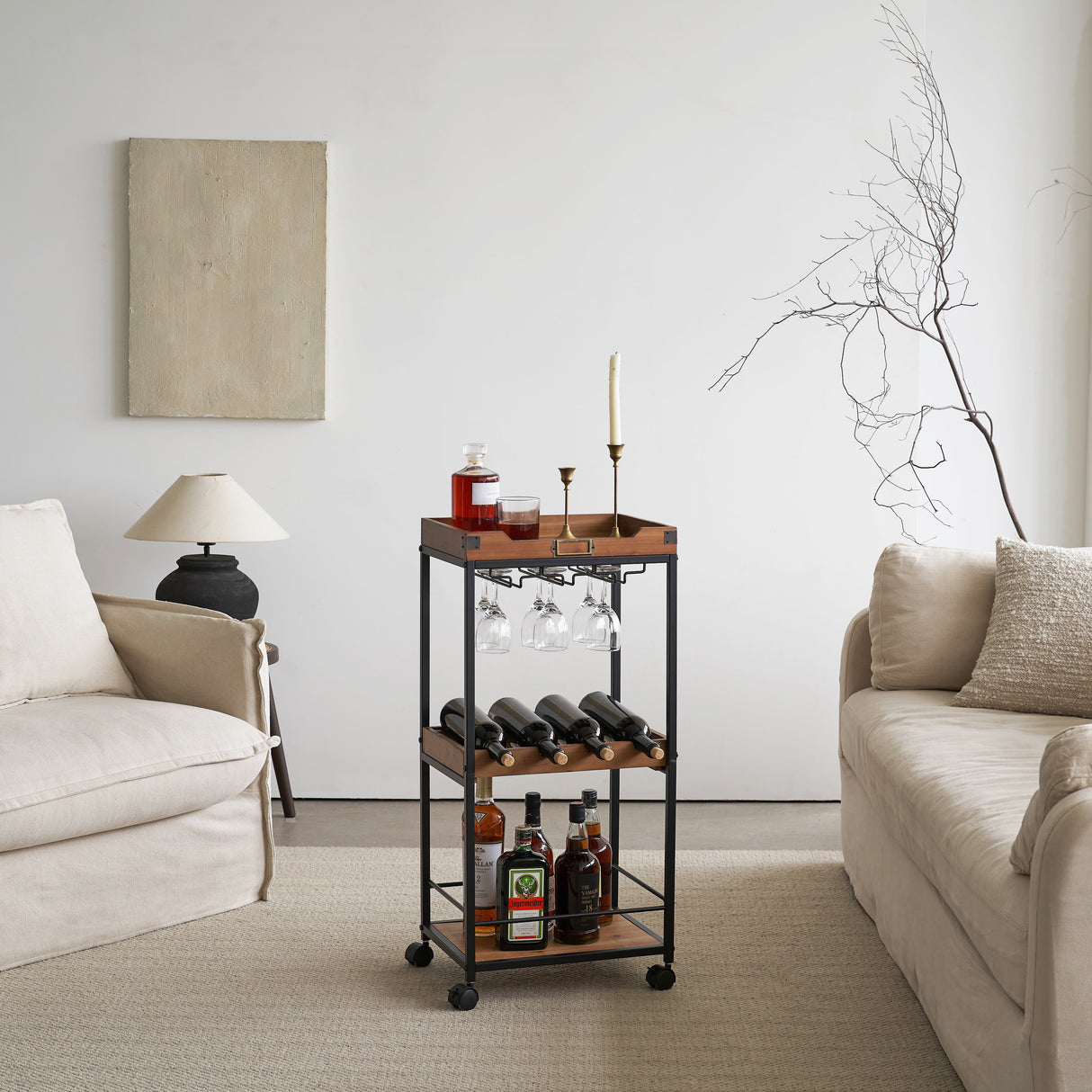 Wine and Liquor Cart with Glass Hangers and Working Tabletop