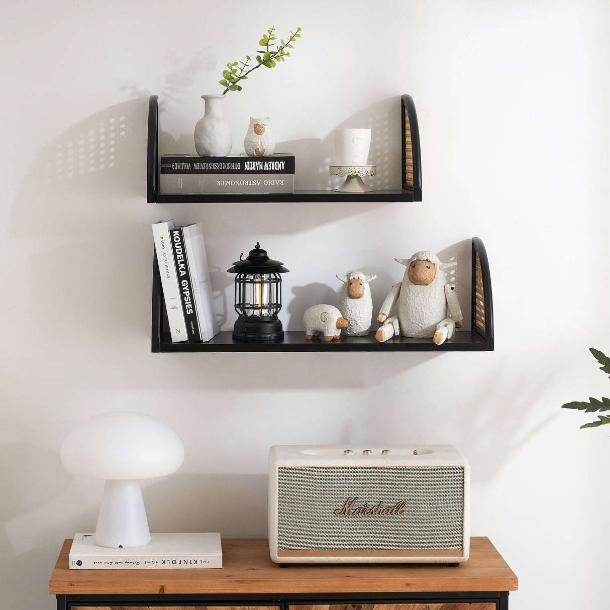 Wall Shelf with Rattan and Wood, Set of 2