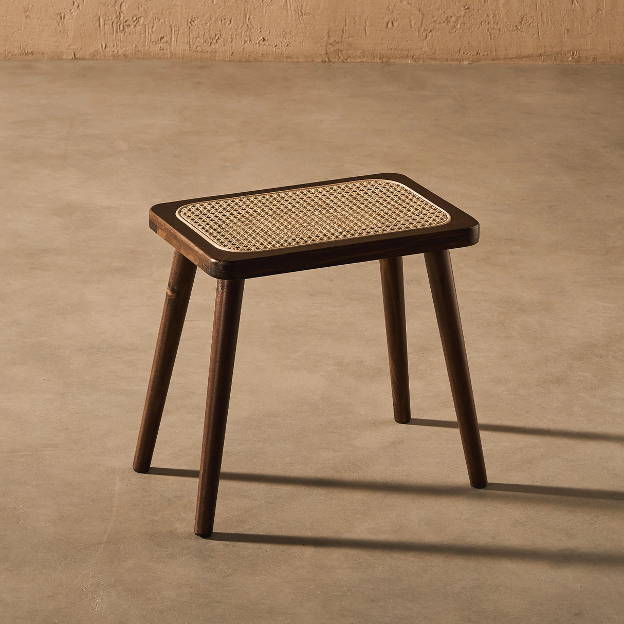 Natural Rattan Top Wood Stool, Rectangular