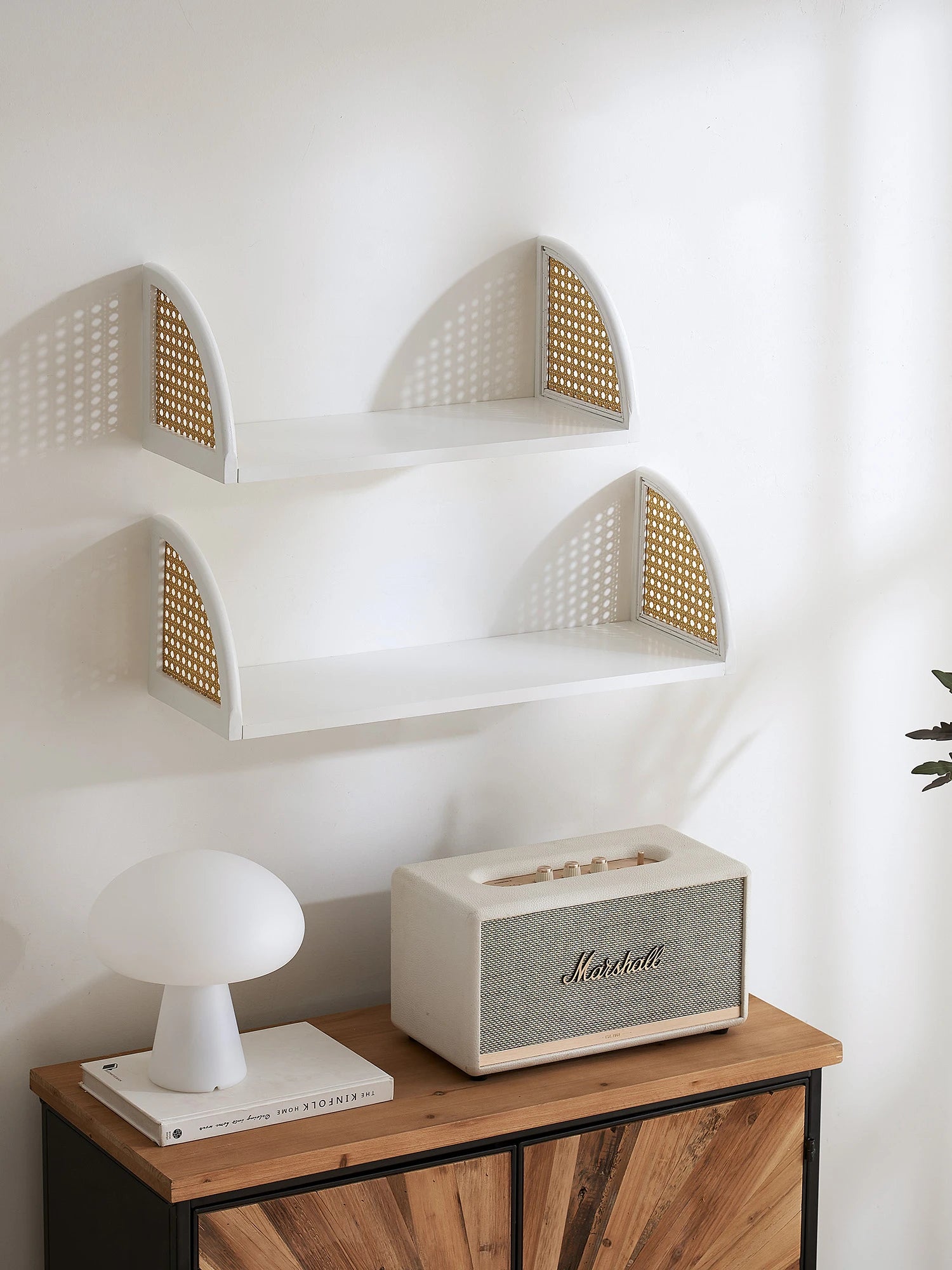 Rattan and Wood Wall Shelf
