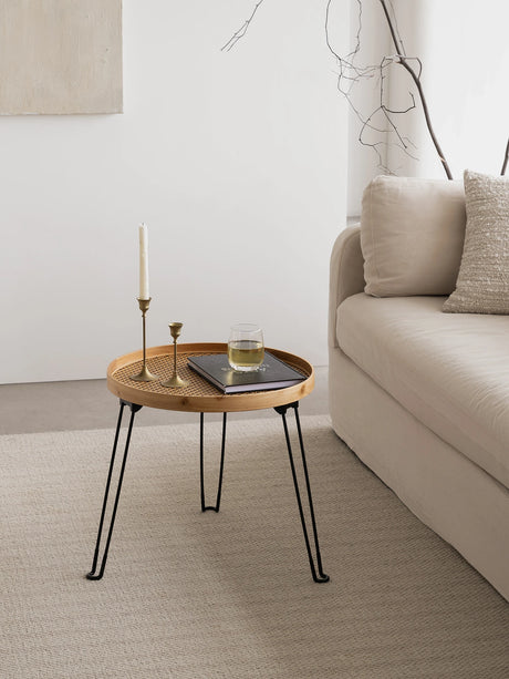 Round Wood and Rattan Side Table