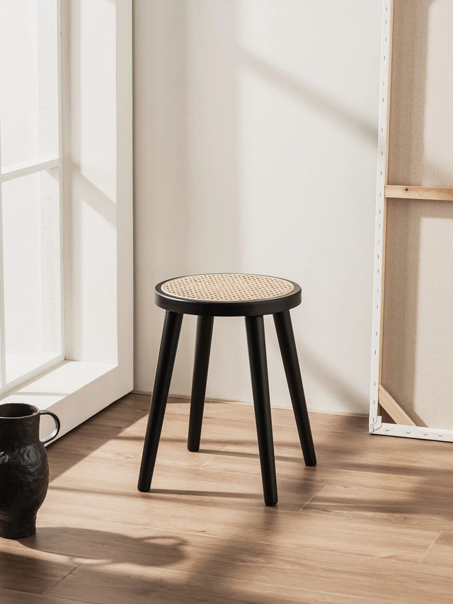 Natural Rattan Top Wood Stool, Round