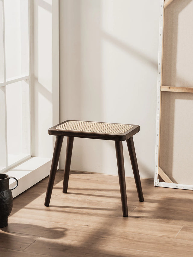 Natural Rattan Top Wood Stool, Rectangular