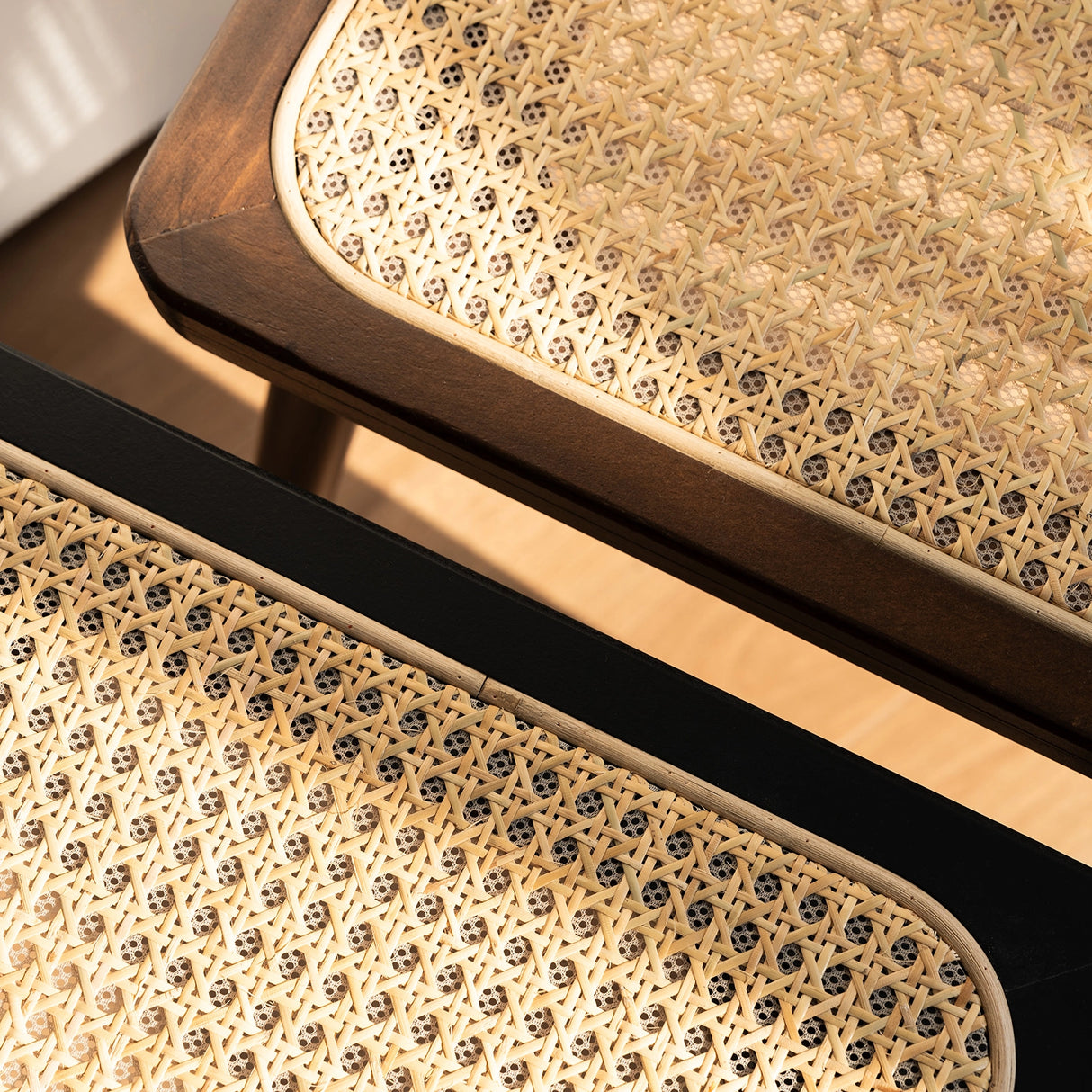 Natural Rattan Top Wood Stool, Rectangular