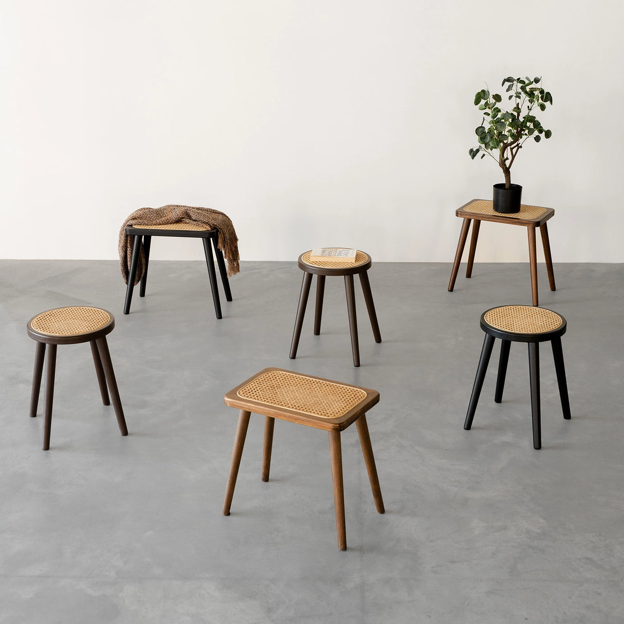 Natural Rattan Top Wood Stool, Rectangular