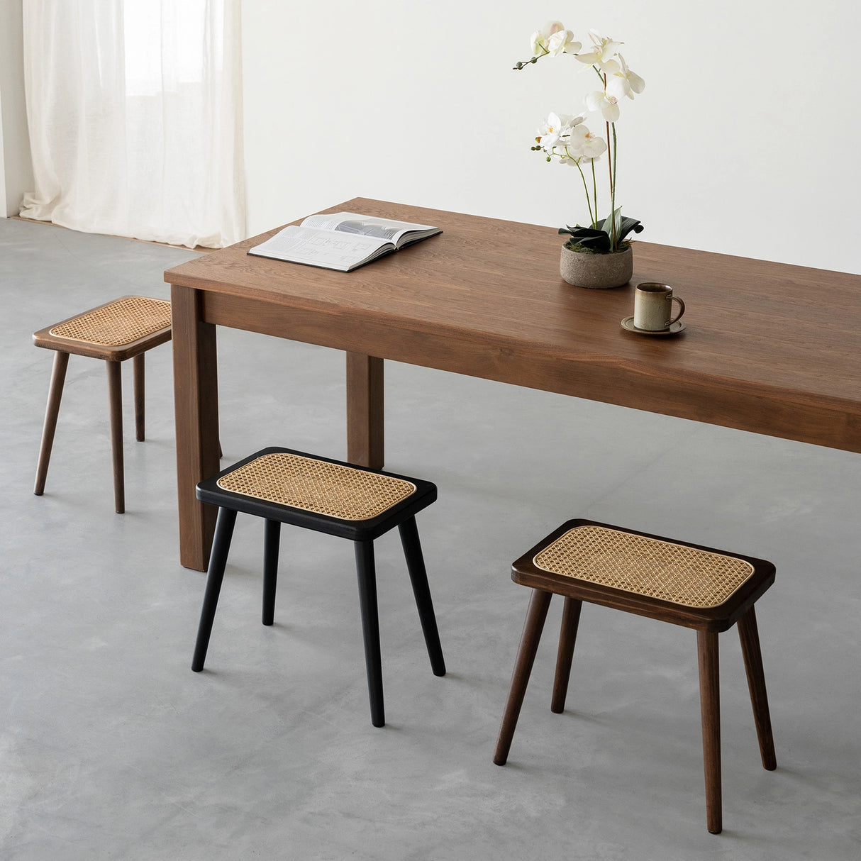 Natural Rattan Top Wood Stool, Rectangular