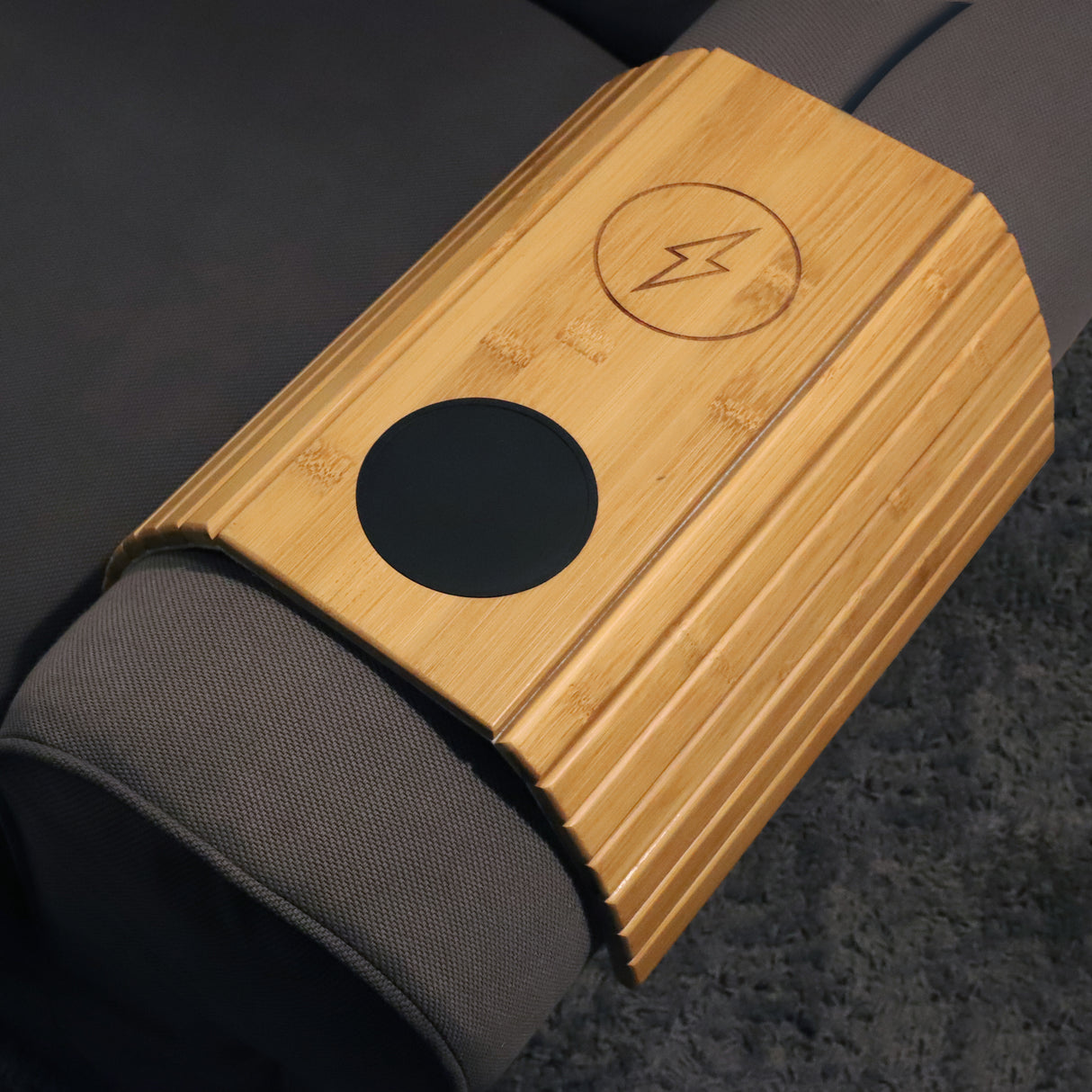 Bamboo Sofa Armrest Tray with Wireless Charging and Non-Slip Coaster