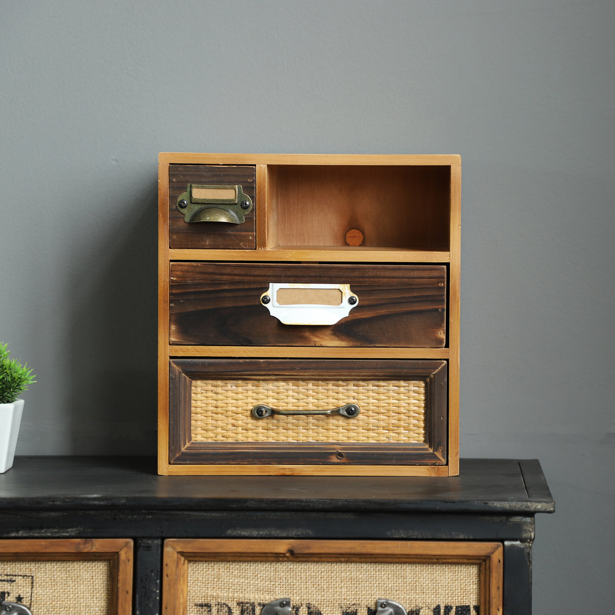 Rustic Desktop or Wall Mount Organizer Box with Rattan Panel and Metal Handle