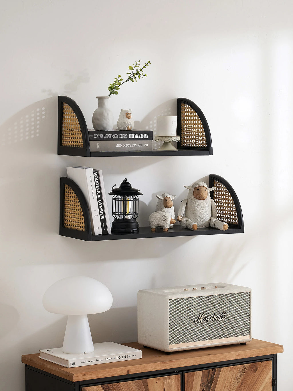 Rattan and Wood Wall Shelf