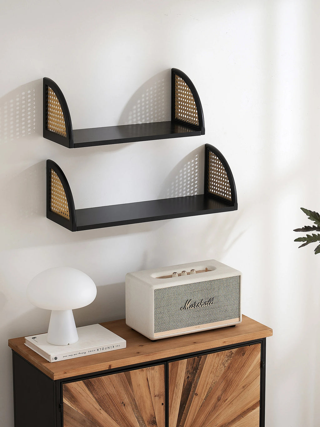 Rattan and Wood Wall Shelf