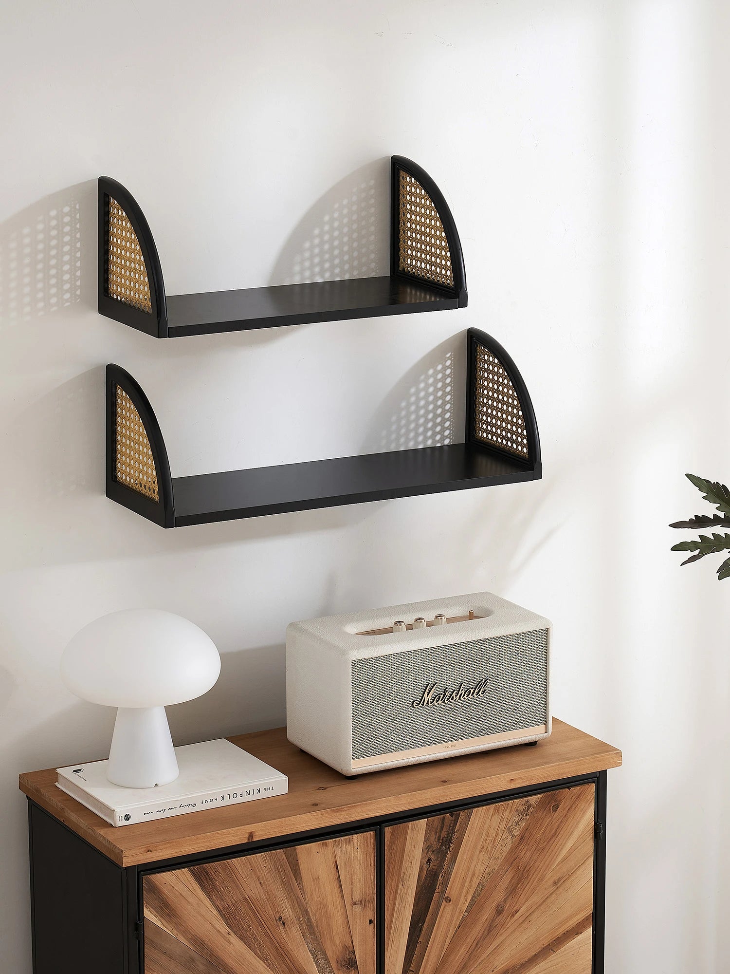 Rattan and Wood Wall Shelf