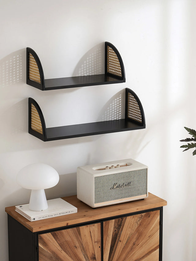 Wall Shelf with Rattan and Wood, Set of 2