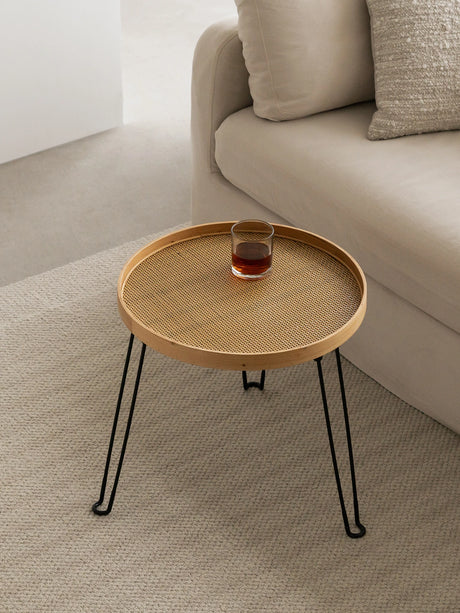 Round Wood and Rattan Side Table