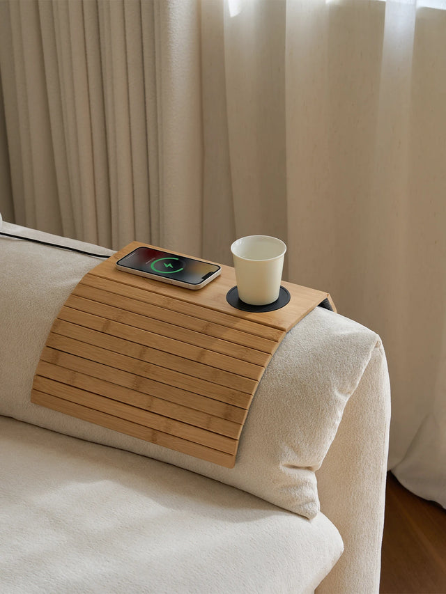 Bamboo Sofa Armrest Tray with Wireless Charging and Non-Slip Coaster
