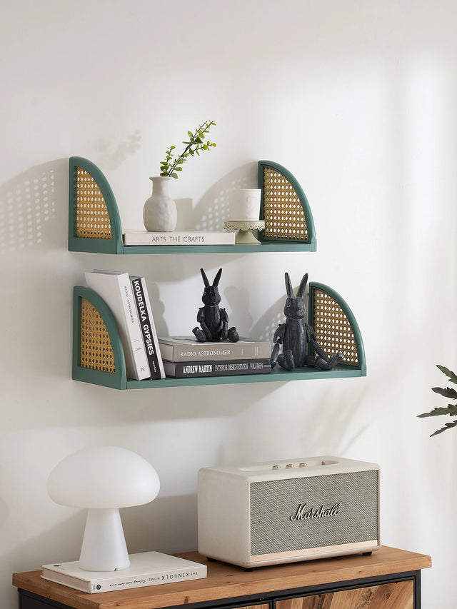 Wall Shelf with Rattan and Wood, Set of 2