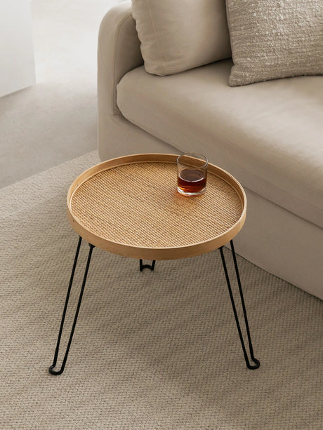 Round Wood and Rattan Side Table