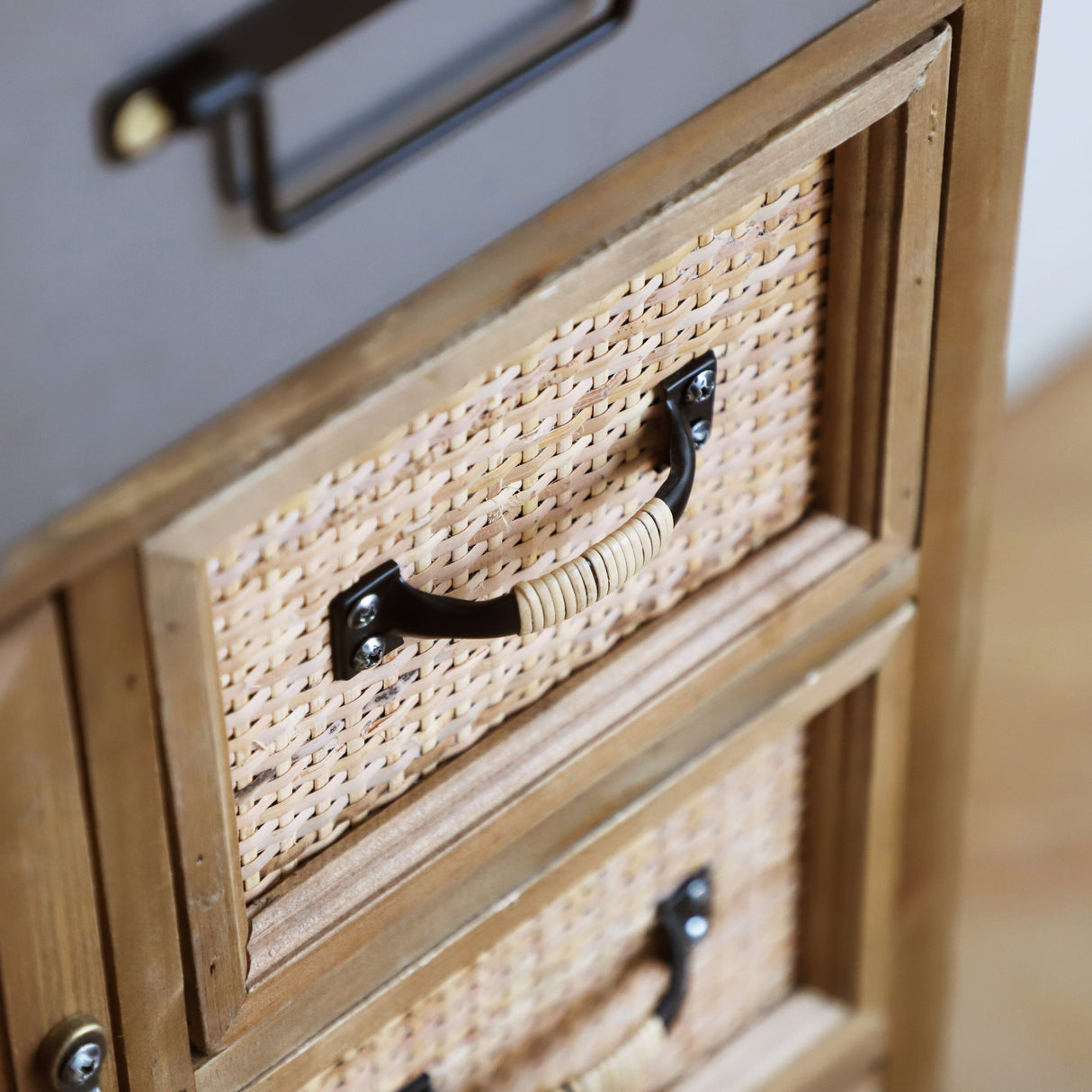 41" Tall Vintage Wood Rattan Accent Cabinet with Multiple Drawers