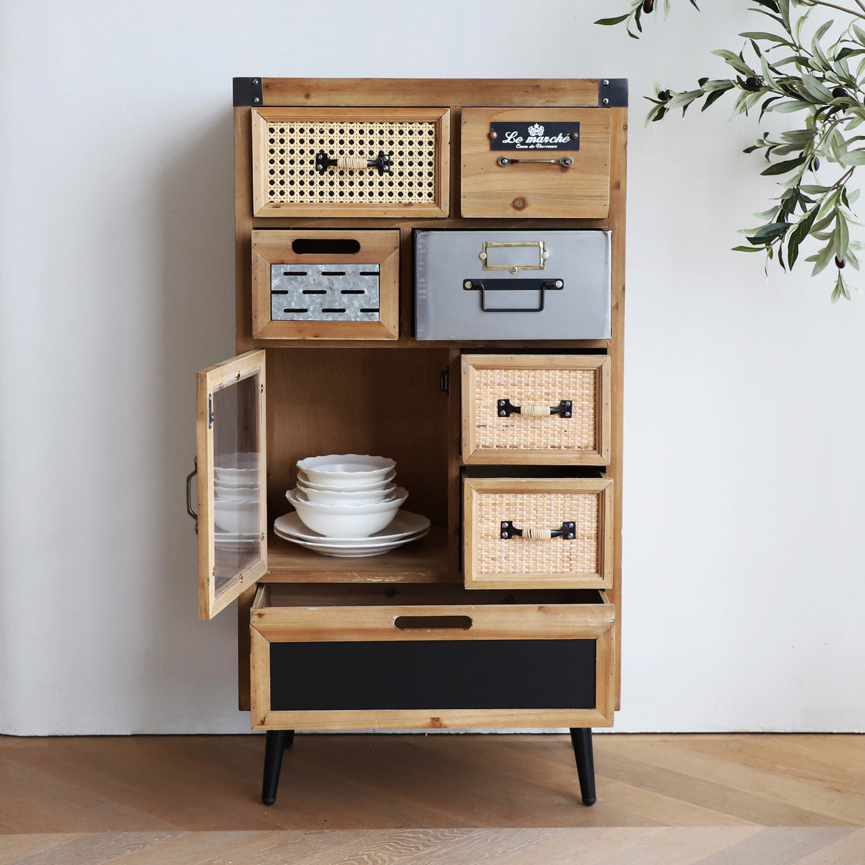 41" Tall Vintage Wood Rattan Accent Cabinet with Multiple Drawers