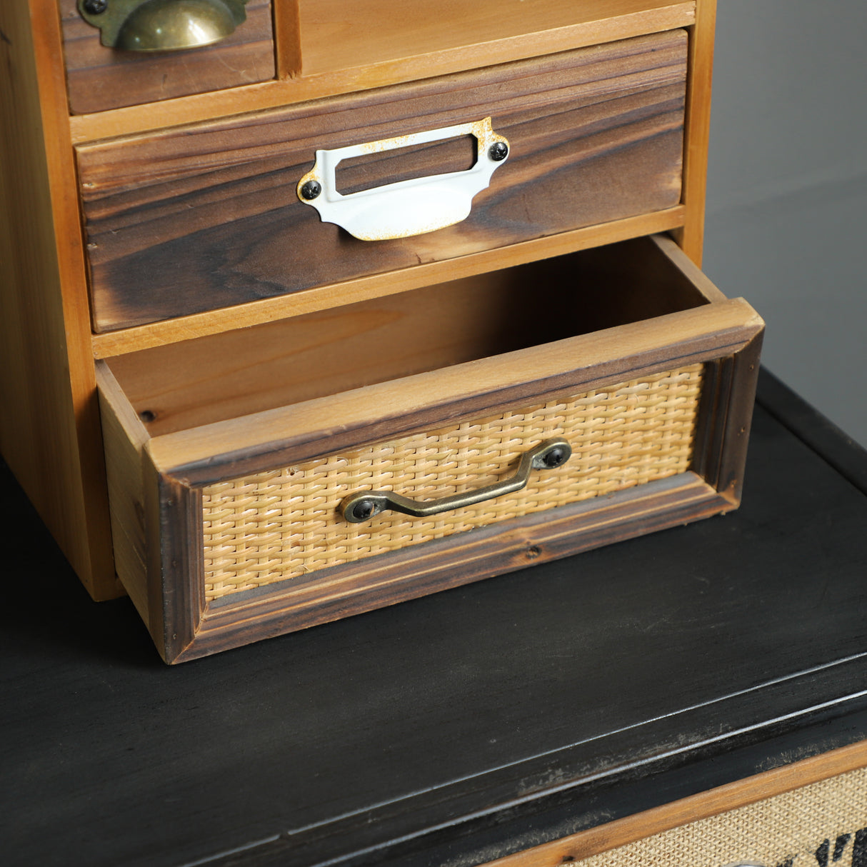 Rustic Desktop or Wall Mount Organizer Box with Rattan Panel and Metal Handle