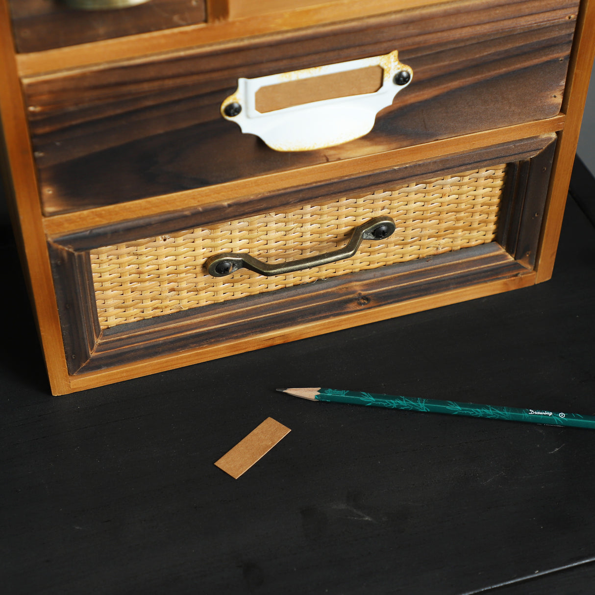 Rustic Desktop or Wall Mount Organizer Box with Rattan Panel and Metal Handle