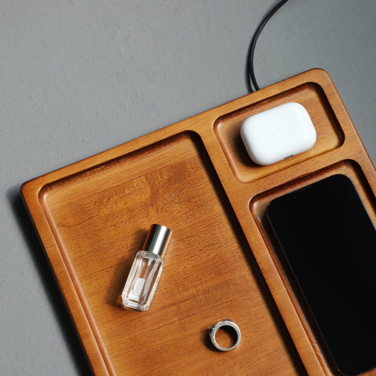 Bamboo Organizer Tray with Dual Wireless Charger