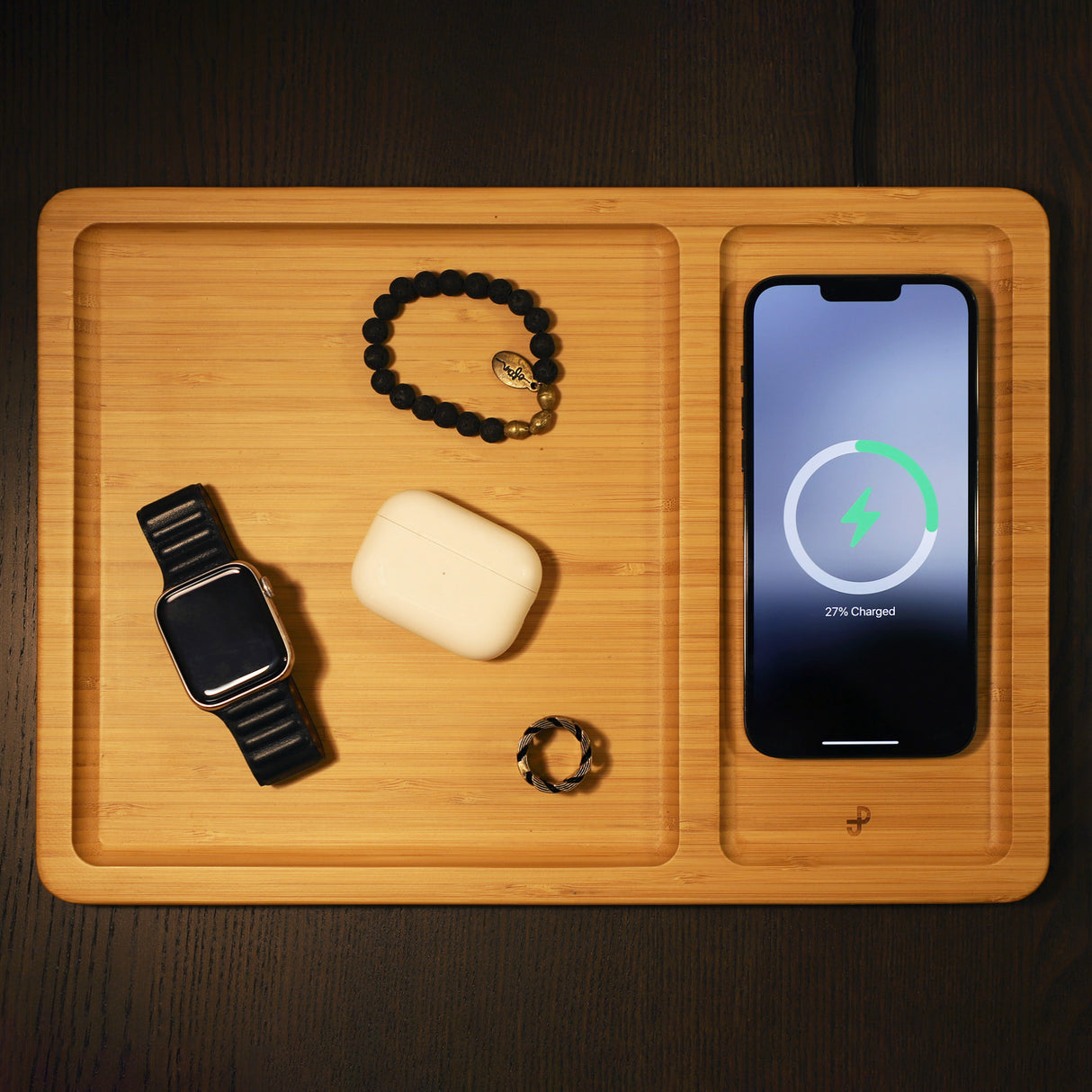 Bamboo Valet Tray with Wireless Charging