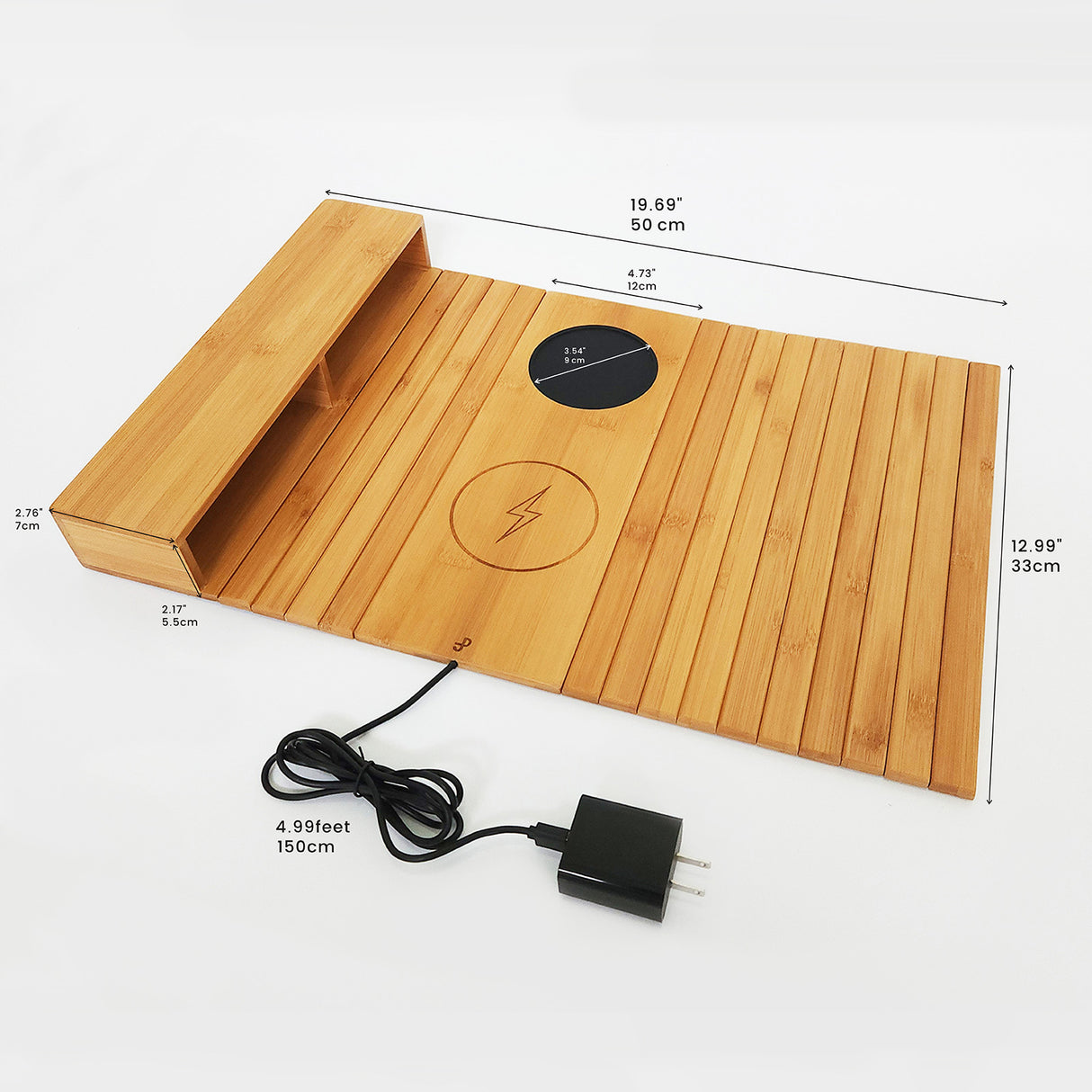 Bamboo Sofa Armrest Tray with Wireless Charging and Non-Slip Coaster